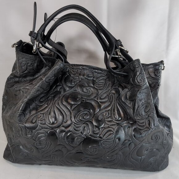 Isadora Italy Tooled Leather Purse Black Large Shoulder Bag Tote Swirls MSRP$425 - Picture 1 of 16